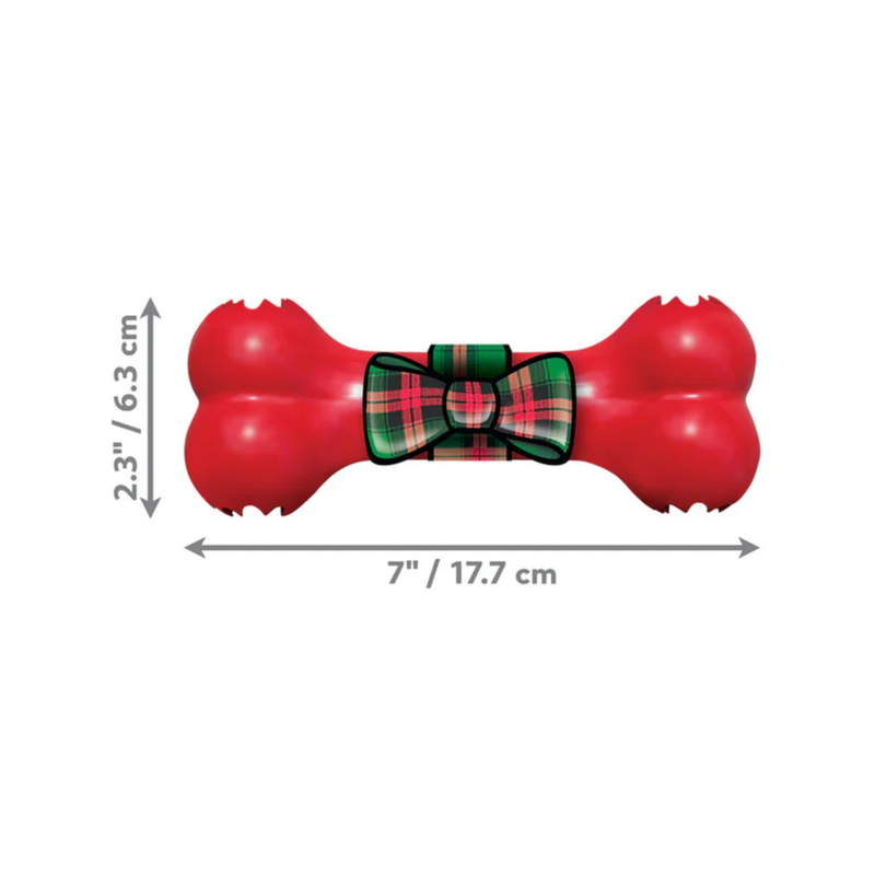 White background with a KONG red bone with a tartan bow motif in the centre with measurements pictured to the left and underneath indicating Height 2.3" and Weight 7". 