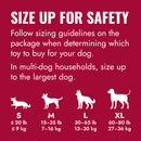 Red background with white text safety guide for appropriate size Goodie bone for breed size. 