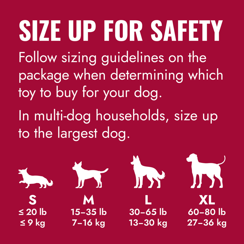 Red background with white text safety guide for appropriate size Goodie bone for breed size. 
