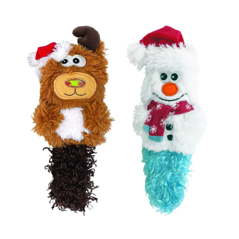 Fluffy plush snowman with a hat and scarf, next to a fluffy plush reindeer, pictured on a white background. 