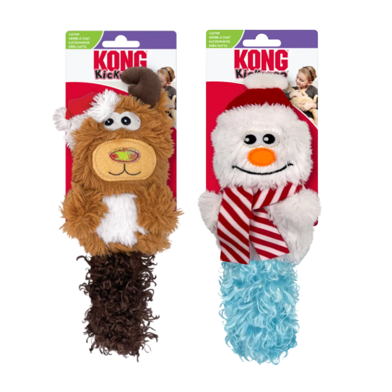 Fluffy plush snowman with a hat and scarf attached to a cardboard backing, next to a fluffy plush reindeer also attached to a cardboard backing, pictured on a white background. 