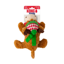 Brown fluffy reindeer dog toy with dark brown fabric antlers wearing a tartan hat and a green scarf. Packaged on a backing card with text 'KONG Cozie' pictured on a white background. 