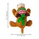 A top view of a Brown fluffy reindeer dog toy with dark brown fabric antlers wearing a tartan hat and a green scarf, pictured on a white background with measurements to the left and underneath indicating height of 6" and width 4". 