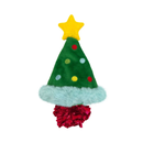 Fabric Christmas tree cat toy with a yellow star on top and red foil ball at the base.