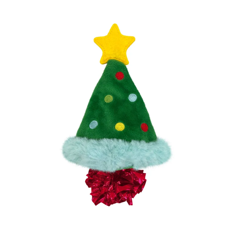 Fabric Christmas tree cat toy with a yellow star on top and red foil ball at the base.
