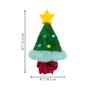 Fabric Christmas tree cat toy with a yellow star on top and red foil ball at the base, pictured on a white background with measurements to the left and below indicating height 6" and width 4".  