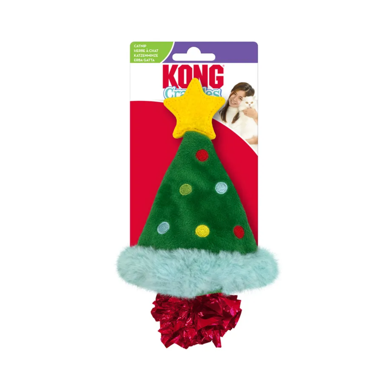 Fabric Christmas tree cat toy with a yellow star on top and red foil ball at the base. Packaged on a backing card with a girl holding a white cat on with text 'KONG Crackles' pictured on a white background.