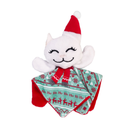 Plush kitty head with a floppy body in Christmas fabric wearing a Christmas hat and scarf pictured on a white background. 