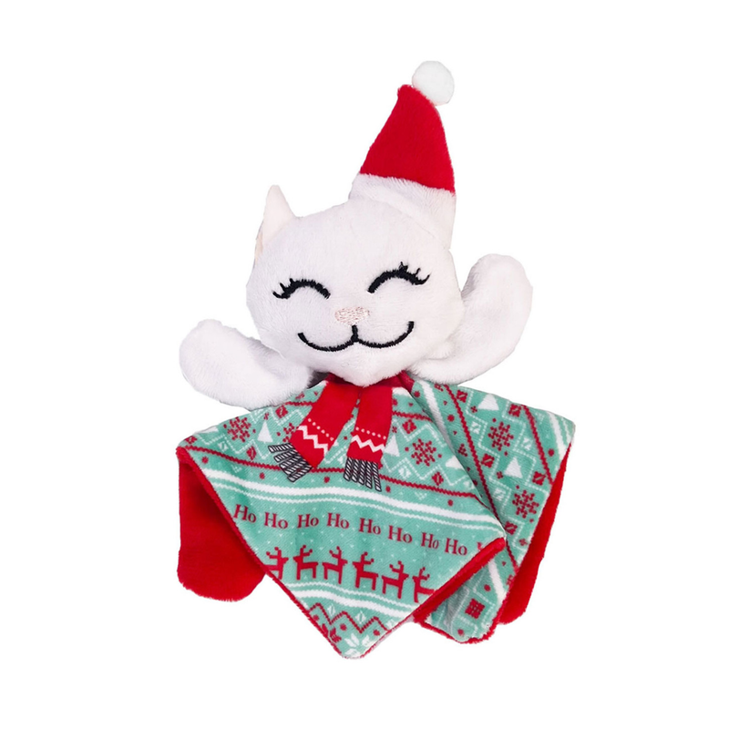 Plush kitty head with a floppy body in Christmas fabric wearing a Christmas hat and scarf pictured on a white background. 