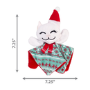 Plush kitty head with a floppy body in Christmas fabric wearing a Christmas hat and scarf pictured on a white background with measurements to the left and below indicating height 7.25" and width 7.25".  