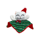 Plush kitty head with a floppy body in Christmas fabric wearing a Christmas hat and scarf pictured on a white background. 