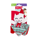 Plush kitty head with a floppy body in Christmas fabric wearing a Christmas hat and scarf attached to a cardboard backing with a stitched face details, pictured on a white background. 