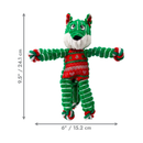 Green, red and white stripy fabric and rope Fox Dog Toy with Christmas tree fabric ears and belly, measurements to the left 9.5" and underneath 6" pictured on a white background.