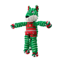 Side view of a green, red and white stripy fabric and rope Fox Dog Toy with Christmas tree fabric ears and belly