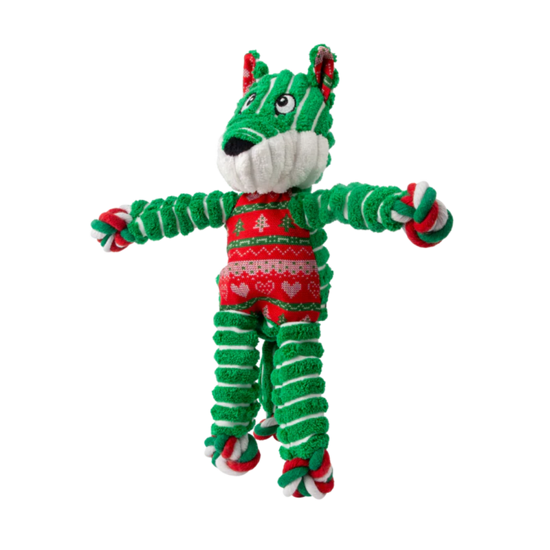 Side view of a green, red and white stripy fabric and rope Fox Dog Toy with Christmas tree fabric ears and belly