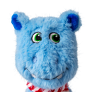 Close up of blue fabric Hippo Dog Toy with a red and white winter scarf, pictured on a white background. 