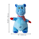 Side view of blue fabric Hippo Dog Toy with a red and white winter scarf, pictured on a white background with measurement to the left and underneath to indicate size: Height 10.25" and Width 8". 