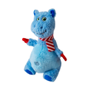 Side view of blue fabric Hippo Dog Toy with a red and white winter scarf, pictured on a white background. 