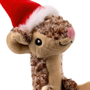 Close up of a brown mouse cat toy with red fabric Christmas hat with white trimmings. Pictured on a white background.