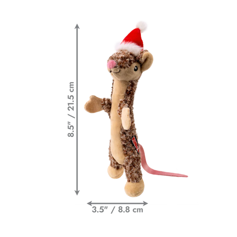 Brown mouse cat toy with red fabric Christmas hat with white trimmings. Pictured on a white background with measurements to the left and below indicating height 8.5" and width 3.5".  