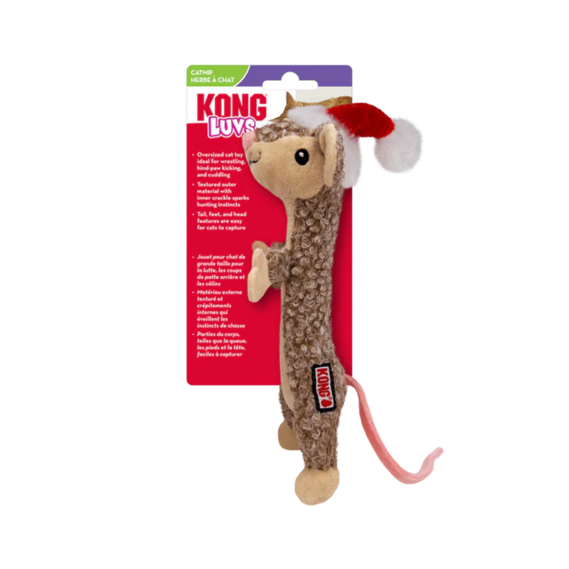Brown mouse cat toy with red fabric Christmas hat with white trimmings. Packaged on a backing card with an adult tabby cat on with text 'KONG Luvs' pictured on a white background.