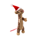 Brown mouse cat toy with red fabric Christmas hat with white trimmings. Pictured on a white background.