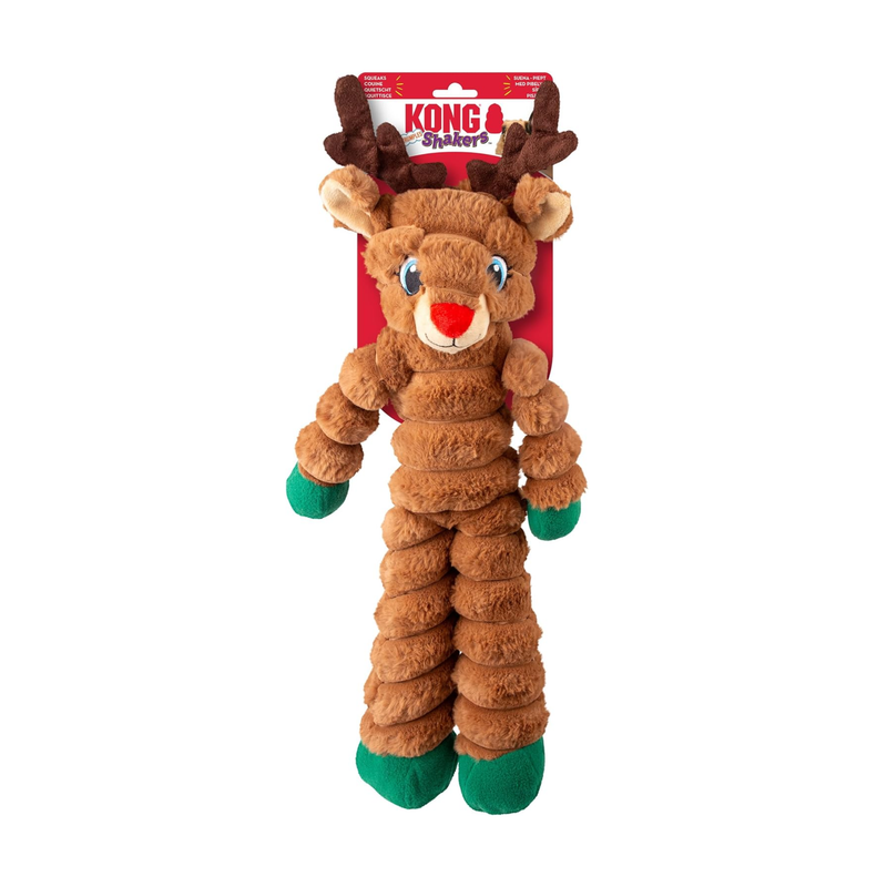 Brown soft fabric and rope Deer Dog Toy with a red nose and blue eyes attached to a cardboard backing, pictured on a white background. 