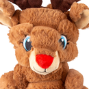 Close up of brown soft fabric and rope Deer Dog Toy with a red nose and stitched blue eyes, pictured on a white background. 