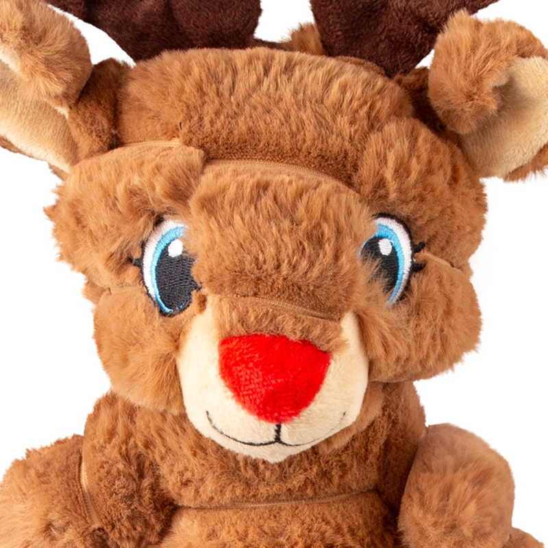 Close up of brown soft fabric and rope Deer Dog Toy with a red nose and stitched blue eyes, pictured on a white background. 