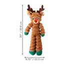 Side view of a brown soft fabric and rope Deer Dog Toy with a red nose and blue eyes, pictured on a white background with measurements to the left 20" and underneath 8.75" pictured on a white background.