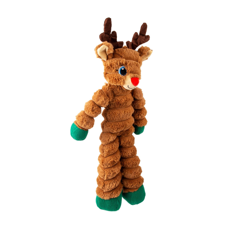 Side view of a brown soft fabric and rope Deer Dog Toy with a red nose and blue eyes, pictured on a white background. 