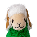 Close up of Green fabric Llama Dog Toy with a brown winter hat, pictured on a white background. 