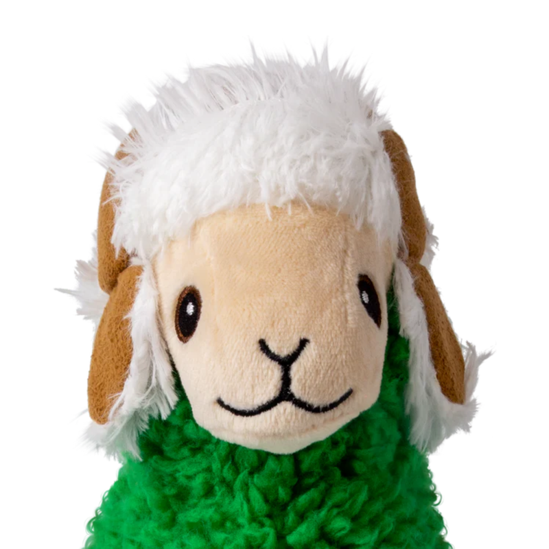 Close up of Green fabric Llama Dog Toy with a brown winter hat, pictured on a white background. 