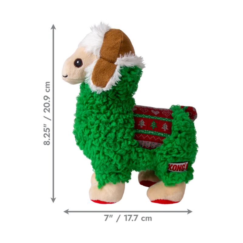 Green fabric Llama Dog Toy with a brown winter hat and festive fabric saddle attached to a cardboard backing, pictured on a white background with measurement to the left and underneath to indicate size: Height 8.25" and Width 7". 