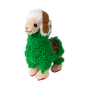 Side view of a green fabric Llama Dog Toy with a brown winter hat and festive fabric saddle, pictured on a white background. 
