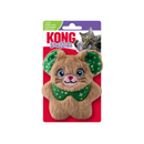 Brown faux fur mouse cat toy with green fabric inner ear and collar. Packaged on a backing card with an adult tabby cat on with text 'KONG Snuzzles' pictured on a white background.