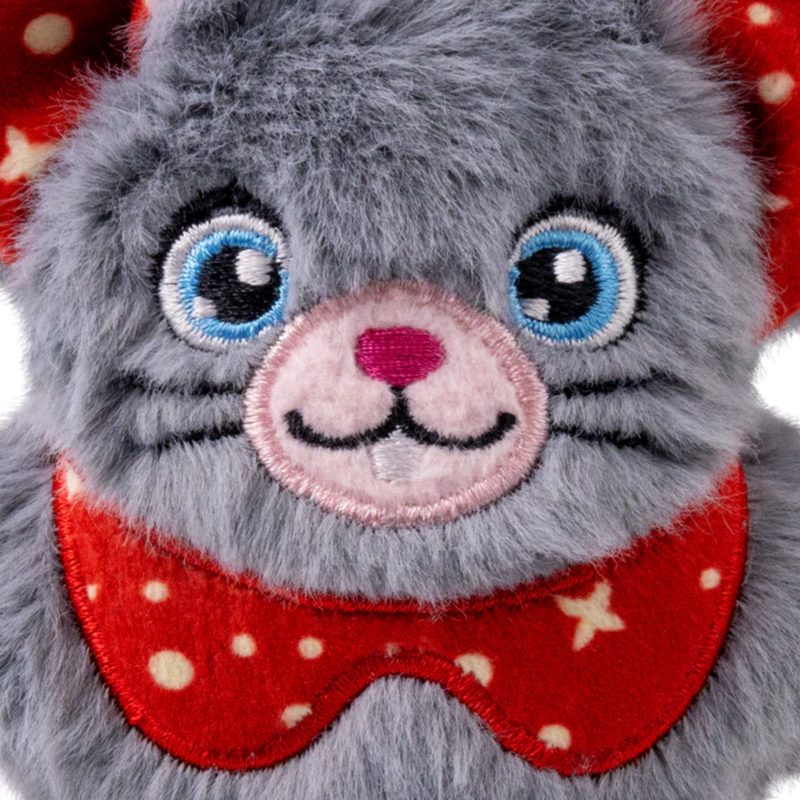 Close up of grey faux fur mouse cat toy with red fabric inner ear and collar, with stitched detail of the eyes, mouth, nose and whiskers. 