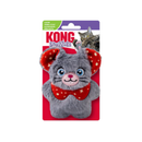 Grey faux fur mouse cat toy with red fabric inner ear and collar. Packaged on a backing card with an adult tabby cat on with text 'KONG Snuzzles' pictured on a white background.