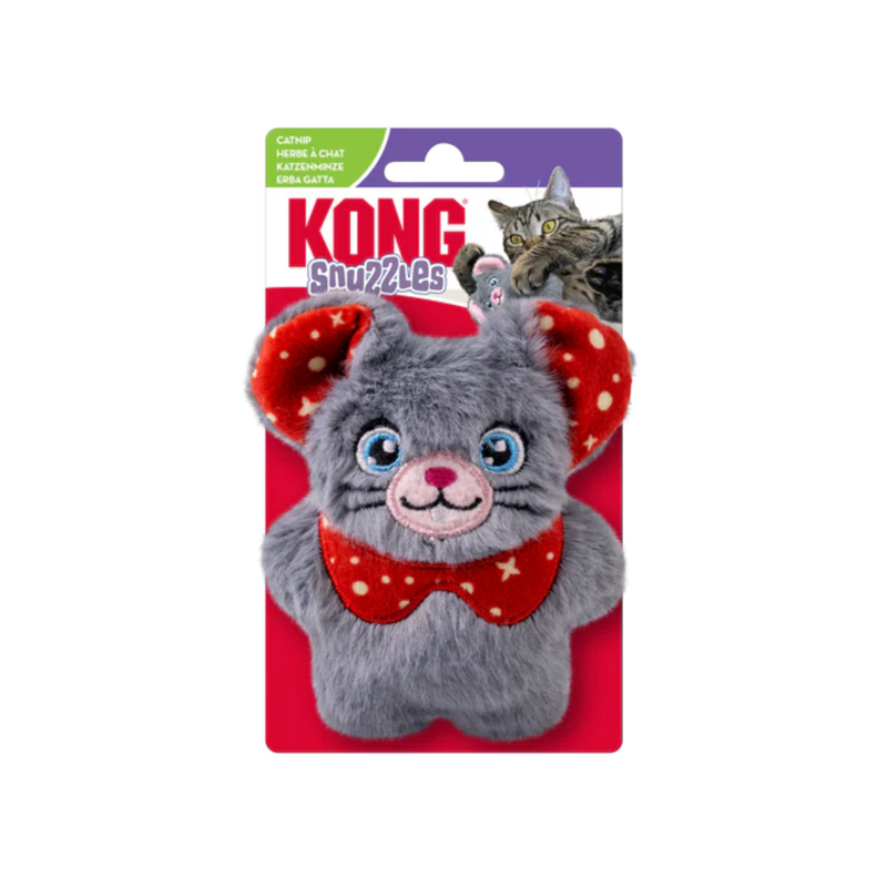 Grey faux fur mouse cat toy with red fabric inner ear and collar. Packaged on a backing card with an adult tabby cat on with text 'KONG Snuzzles' pictured on a white background.