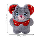 Grey faux fur mouse cat toy with red fabric inner ear and collar pictured on a white background with measurements to the left and below indicating height 4" and width 3.5".  