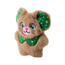 Side view of a brown faux fur mouse cat toy with green fabric inner ear and collar pictured on a white background.