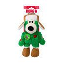 Green fabric Bear Dog Toy with a brown winter hat and boots attached to a cardboard backing, pictured on a white background. 