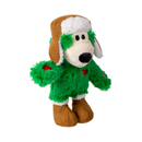 Side view of green fabric Bear Dog Toy with a brown winter hat and boots, pictured on a white background. 