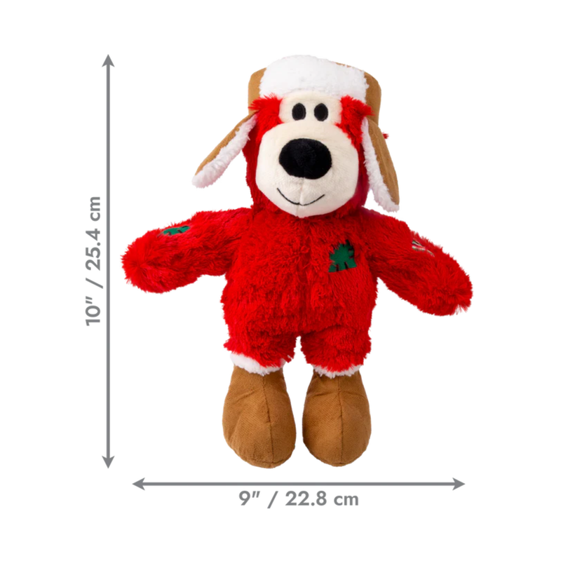 Red fabric Bear Dog Toy with a brown winter hat and boots, pictured on a white background with measurement to the left and underneath to indicate size: Height 10" and Width 9". 