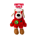 Red fabric Bear Dog Toy with a brown winter hat and boots attached to a cardboard backing, pictured on a white background. 
