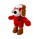 Side view of red fabric Bear Dog Toy with a brown winter hat and boots, pictured on a white background. 