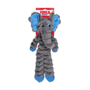 Grey soft fabric and rope Elephant KONG Dog Toy with a blue ears, eyes and feet attached to a cardboard backing, pictured on a white background. 