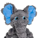 Close up of a grey soft fabric and rope Elephant KONG Dog Toy with a blue ears and eyes, pictured on a white background. 