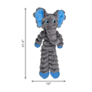Grey soft fabric and rope Elephant KONG Dog Toy with a blue ears, eyes and feet attached to a cardboard backing with measurements underneath and to the left, indicating width of 10" and height of 21.5"