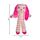 Pink soft fabric and rope Rabbit KONG Dog Toy with a bright pink eyes, ears and feet with measurements underneath and to the left, indicating height 19.5" and width 8.5". 
